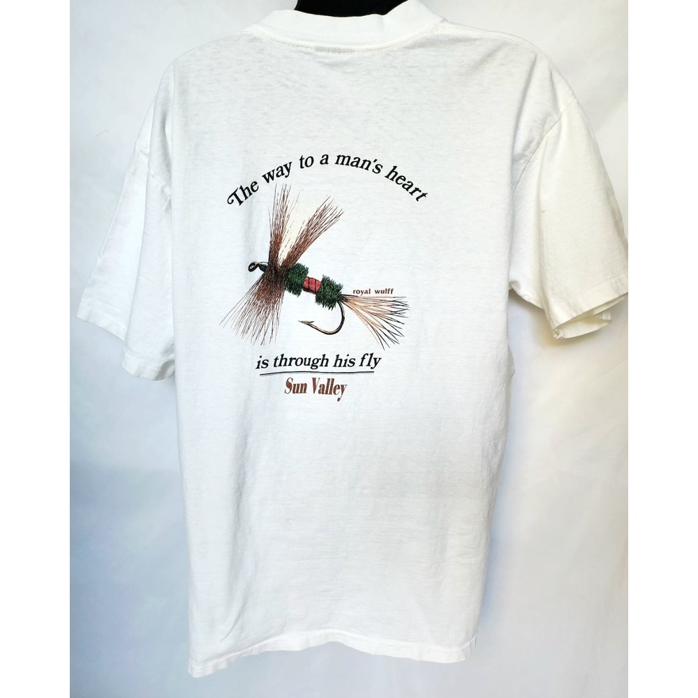 Vintage Royal Wulff Fly Fish Large White‎ T-Shirt Comedy Oneita Power T 90s Tee